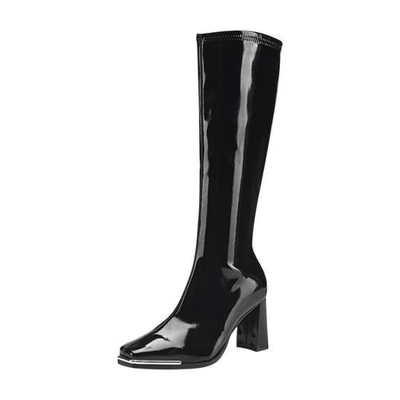 Black Womens Long Boots With Pointed Square Toe And Back Zipper For Winter Fashion And Comfort