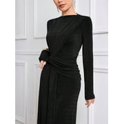 Black Womens Long Sleeve Ruched Knit Elegant Modest Maxi Dress