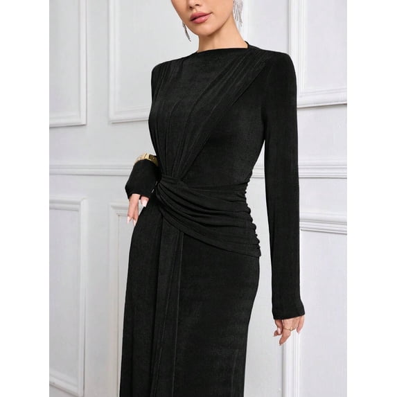 Black Womens Long Sleeve Ruched Knit Elegant Modest Maxi Dress