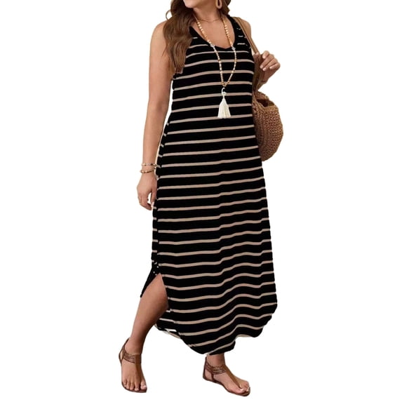 Black Womens Loose Fit V Neck Dresses for Ladies Sleeveless Maxi Long Brunch Striped with Slit Summer Fall Dresses 2026 Clothes Trendy Country Concert 5XL