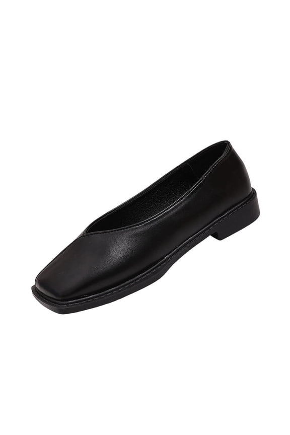 Black Ladies Pumps Mary Jane Flats Square Toe Slip On Style Lightweight Low Cut Leather Shoes Soft Sole Comfortable Casual Everyday Wear Size 36