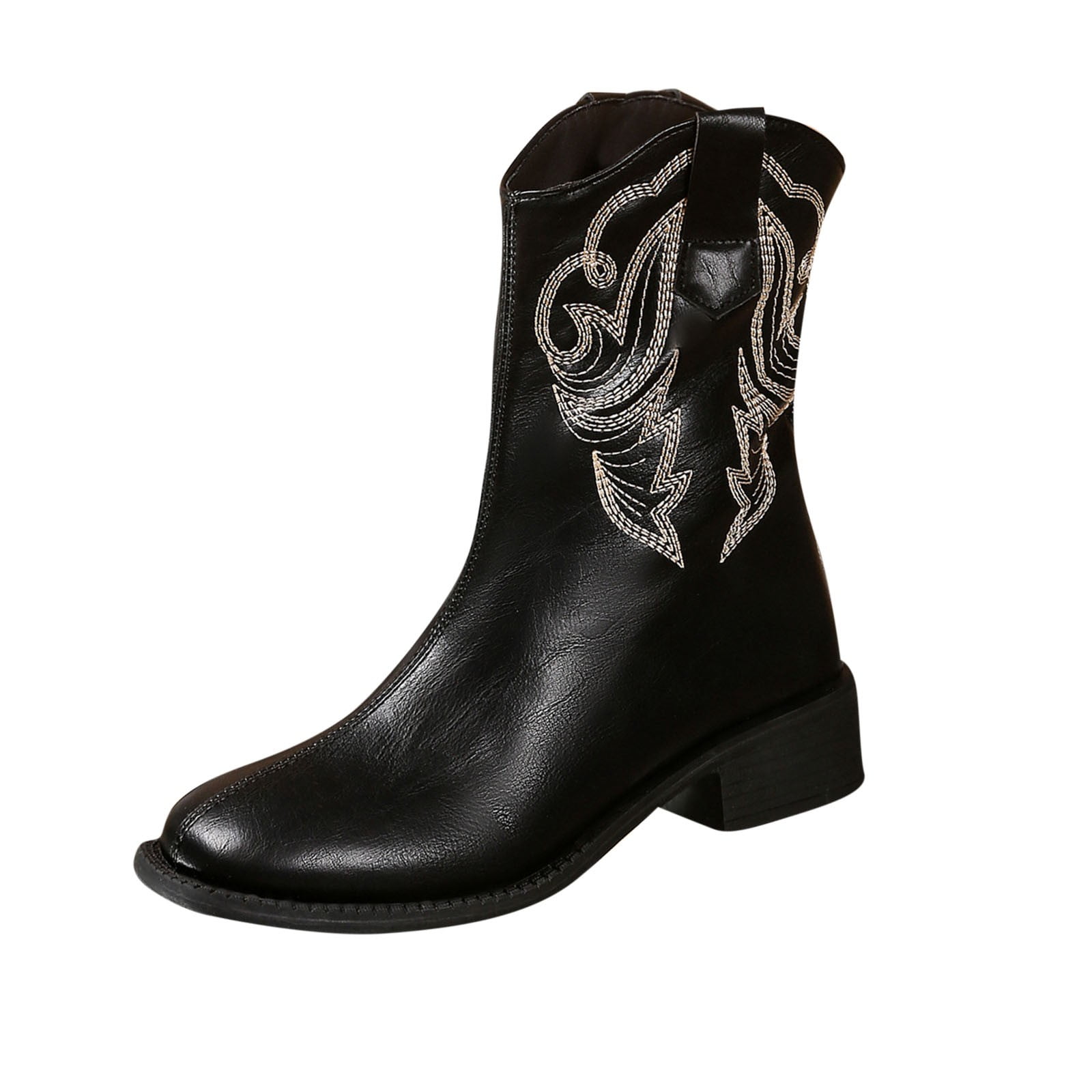 Black Womens Mid Calf Boots Pointed Toe Embroidered Chunky Heel V Cut ...