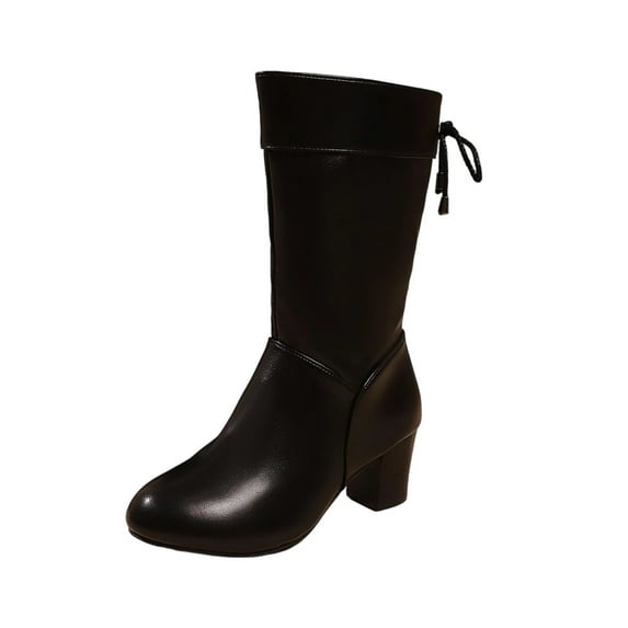 Black Womens Mid Calf Boots With Chunky Heel Mid Heel Back Laced Closure Solid Color Design Comfortable Fit For Winter Casual Everyday Wear Size 40