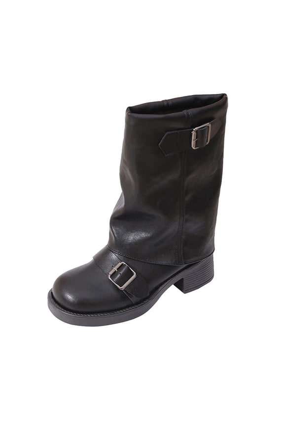 Black Womens Mid Calf Boots With Square Toe And Chunky Heel For Comfortable Winter Style