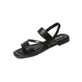 thumbnail image 1 of Black Womens Open Toe Flat Sandals Casual Square Toe Elastic Back Slip On Sandals Soft Sole Pu Comfortable Black Size 9.5, 1 of 8