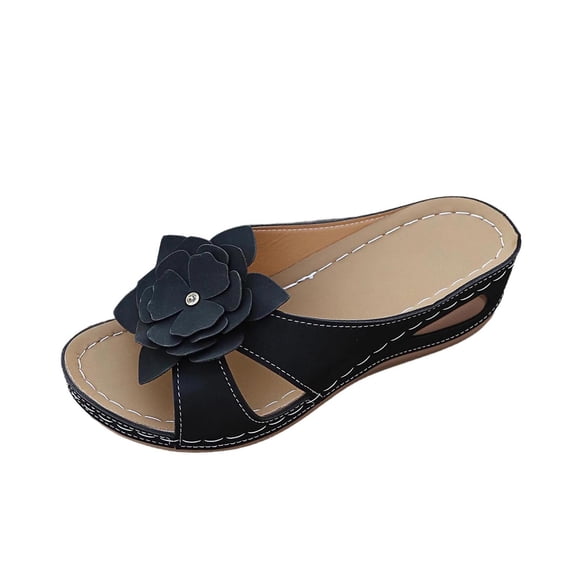 Black Womens Open Toe Wedge Heel Slides With Flower Embellishment And Cushioned Insole For Summer