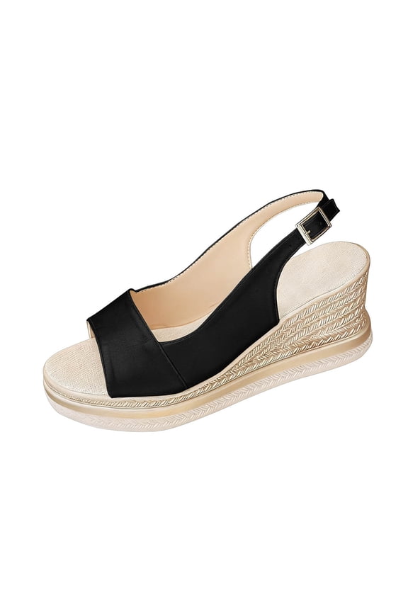 Black Women'S Sandals Casual Comfortable Plus Size Round Toe Open Toe Buckle Wedge Heel Outdoor Indoor Pu Footwear Size 39 Eu Uk 5 Us 7 0.73 Pounds