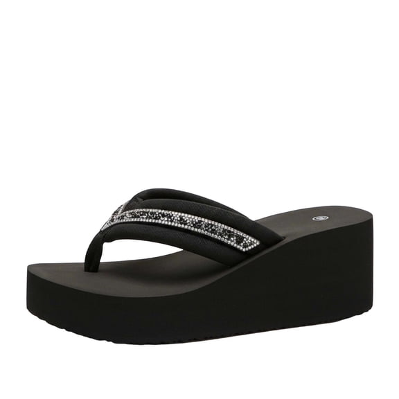 Black Womens Platform Wedge Rhinestone Thong Slippers Eva Boho Comfy Summer Beach Casual Shoes