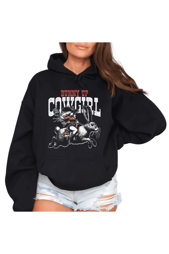 Black Womens Playful Western Print Hoodie Graphic Sweatshirt S-2XL Cowgirl Bunny Country Festival Tops