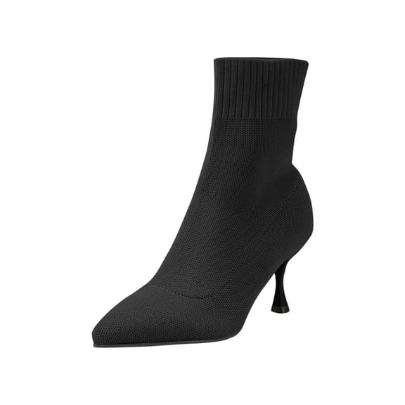 Black Womens Pointed Toe Knitted Heeled Shoes For Casual Daily Activities With 2.8 Inch Heel Height Lightweight Design