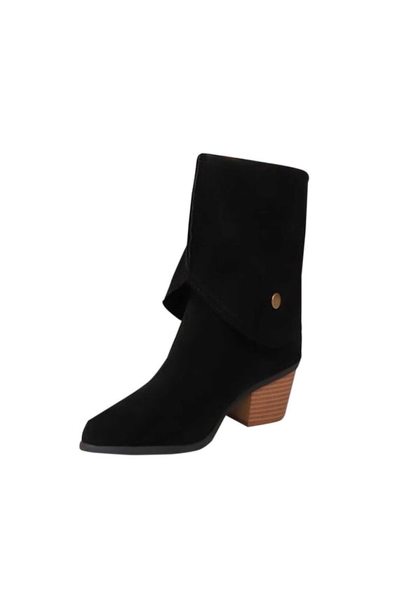 Black Womens Pointed Toe Turn Up Boots Chunky Mid Heel Two Way Solid Casual Ankle Style