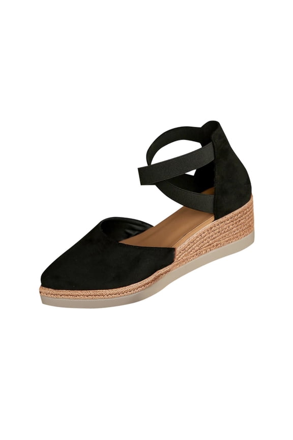 Black Womens Pointed Toe Wedge Sandals For Spring Summer Plus Size Casual Wear With Elastic Band