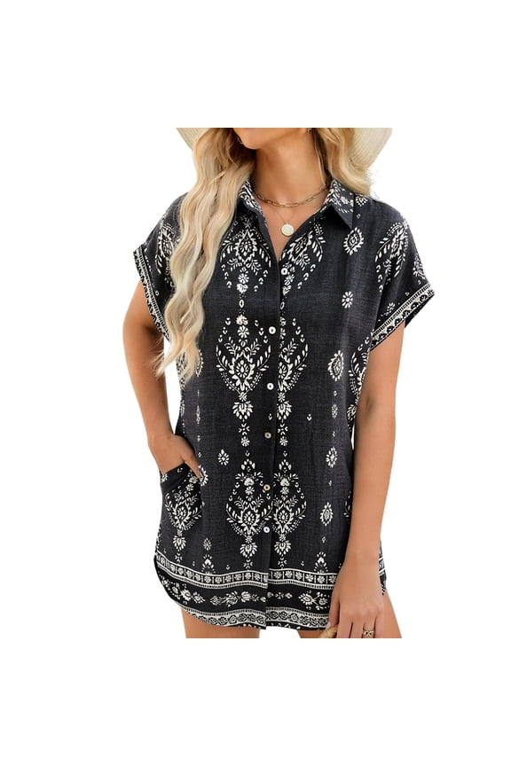 Black Womens Print Loose Fit Spandex Faux Linen Dresses for Ladies Short Sleeve Midi Lounge Shirt Summer Fall Dresses 2026 Clothing S