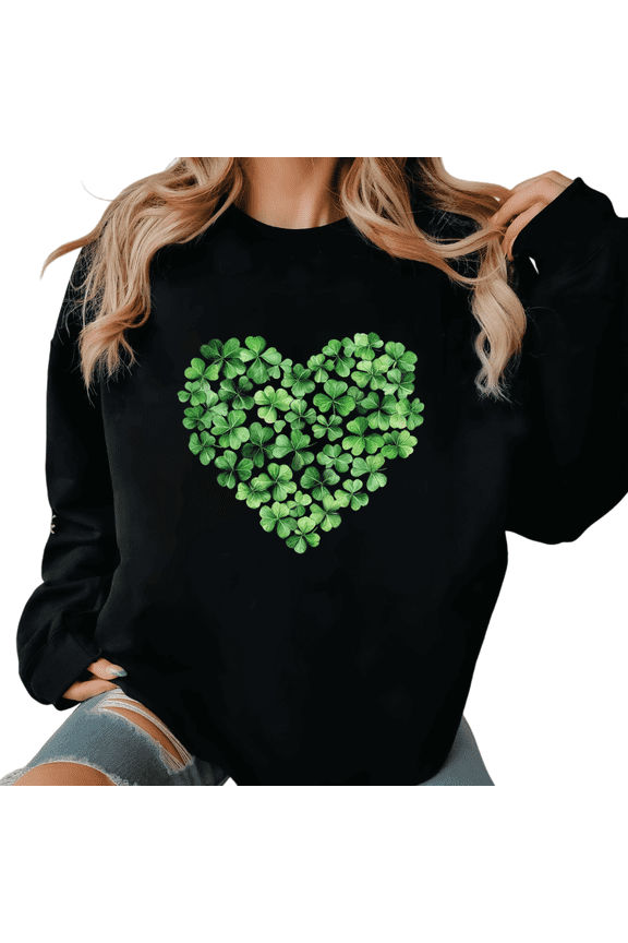 Black Womens Print Sweatshirt Graphic Sweatshirt S-3XL Watercolor Heart Shamrock Lucky St Patrick's Day Holidays Tops
