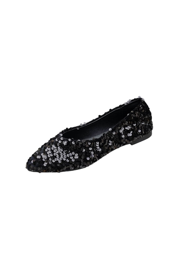 Black Womens Pumps Sequin Embellished Pointed Toe Flats Soft Soled Slip On Solid Color Closed Toe Ankle Wrapping Casual Comfortable Shoes Size 36