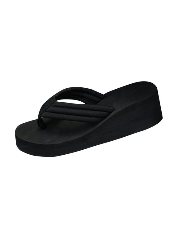 Black Womens Relaxed Footwear, Clip Toe Wedge Heel Beach Sandals For Lounging