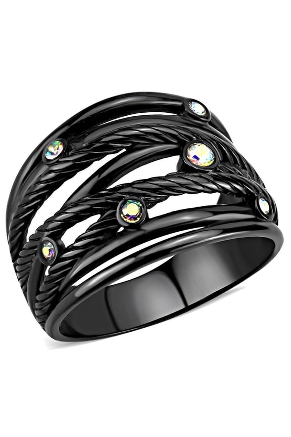 Black Womens Ring Anillo Para Mujer Stainless Steel Ring with Top Grade Crystal in Aurora Borealis (Rainbow Effect)
