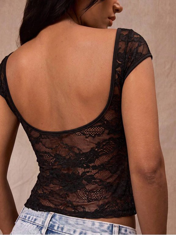 Black Womens Round Neck Lace Backless Fitted Top