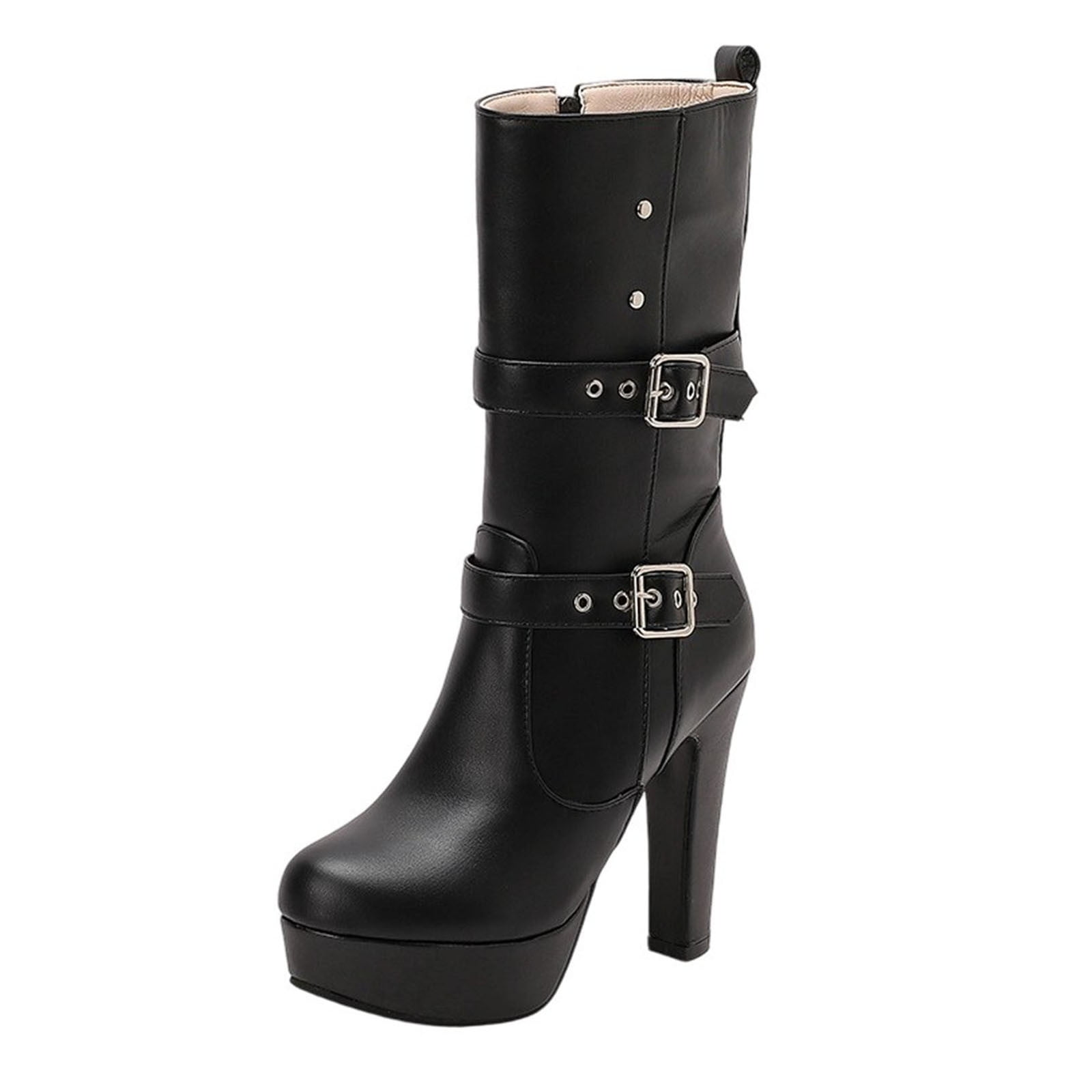 Round Toe Side Zip Platform High Heel Black Boots