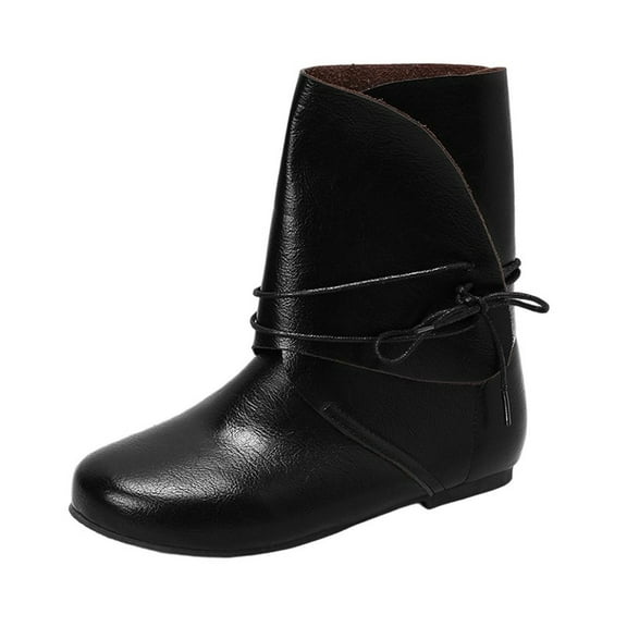 Black Womens Round Toe Boots With Lace-Up For Winter Casual And Fashionable Look