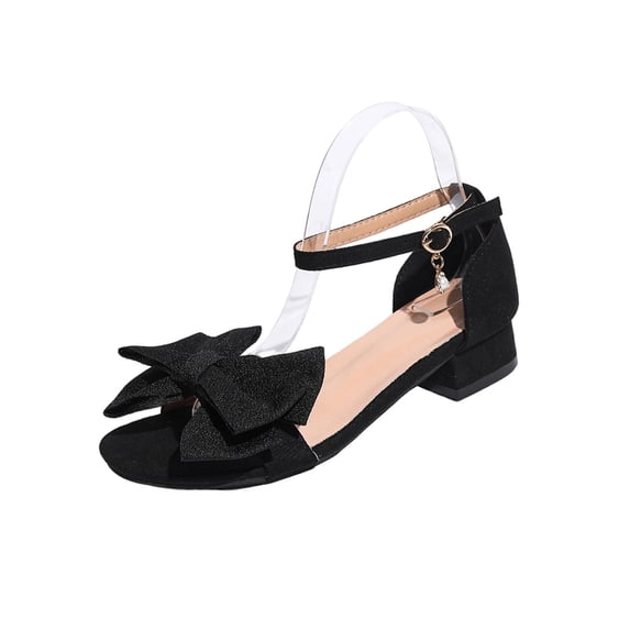Black Womens Sandals Low Heel Bow Buckle Casual Comfortable Plus Size Solid Color Open Toe Round Toe Versatile Footwear Flock Material Shoe Box Not Included Size 38