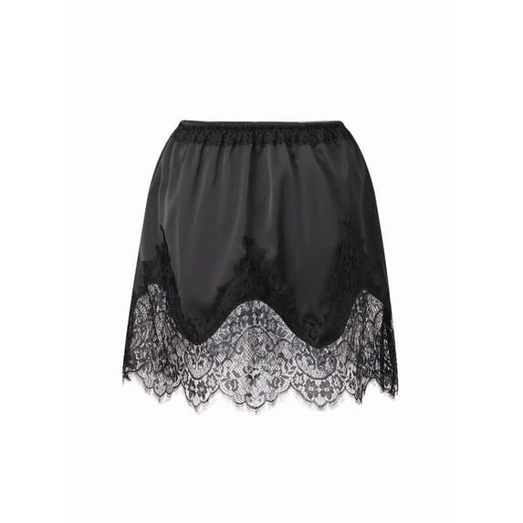 Black Womens Satin Mini Slip Skirt With Lace Trim Elastic Waist