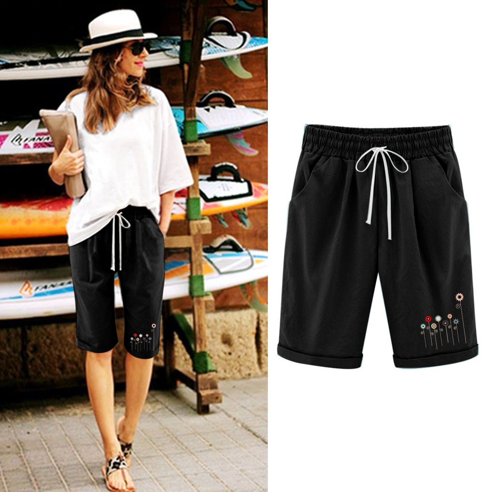 Black Womens Shorts Women Summer High Waisted Cotton Print Pants Plus ...