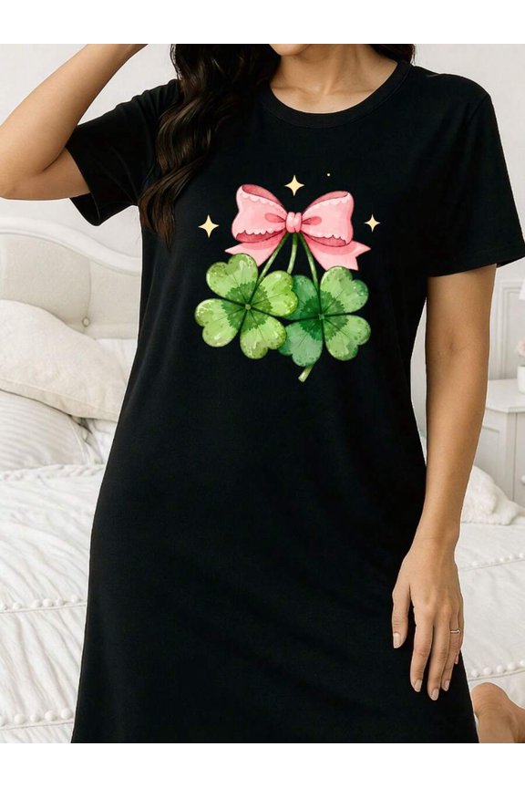 Black Womens Sleep Dress With Clover & Pink Bow Print, Crew Neck, Knee Length