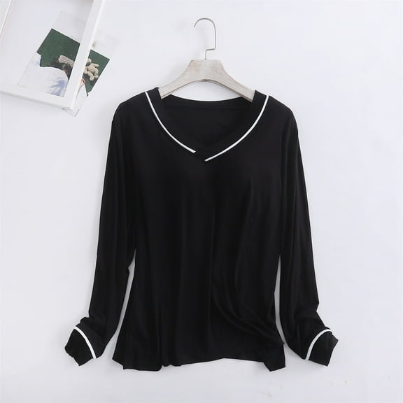 Black Womens Sleepwear Women's Long Sleeve Sleep T Shirt Basic Layer Stretchy Shirts Neck Pajama Top