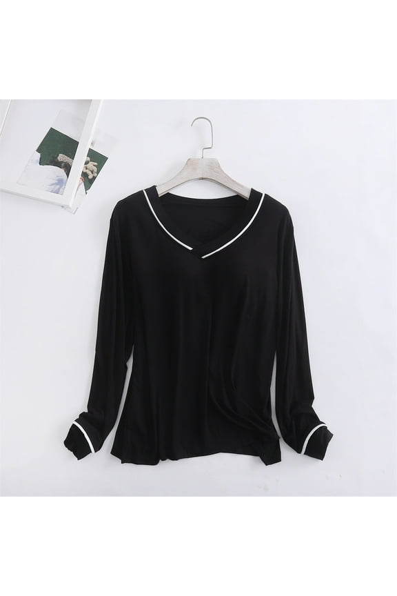 Black Womens Sleepwear Women's Long Sleeve Sleep T Shirt Basic Layer Stretchy Shirts Neck Pajama Top