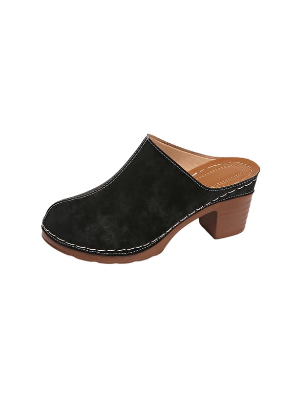 Black Womens Slip On Clog Mules Block Heel Round Toe Faux Leather Upper Cushioned Footbed Casual Office Wear Size 6.5