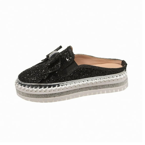 Black Womens Slip On Mules Round Toe Rhinestone Bow Thick Sole Casual Spring Summer Half Shoes Indoor Outdoor For Casual Daily Occasions Size 38