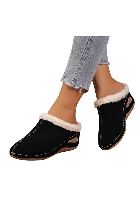 Black Womens Slippers Wedge Heel One Strap Lined Warm Indoor Outdoor Slide Sandals for Home Use Fall Winter Size 5.5