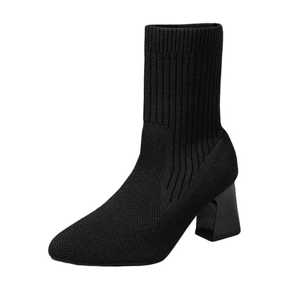 Black Womens Socks Boots With Chunky Heel And Pointed Toe For Casual And Everyday Use