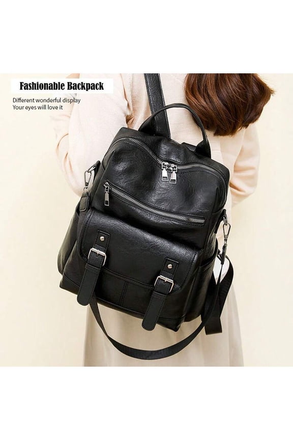 Black Womens Soft Leather Backpack with Zipper Closure and Buckle Detail