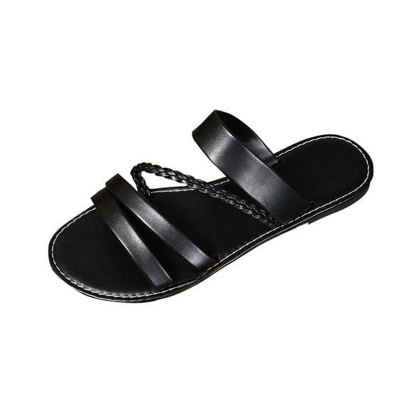 Black Womens Solid Color Buckle Design Open Toe Beach Sandals Fashion Casual Summer Footwear In Black