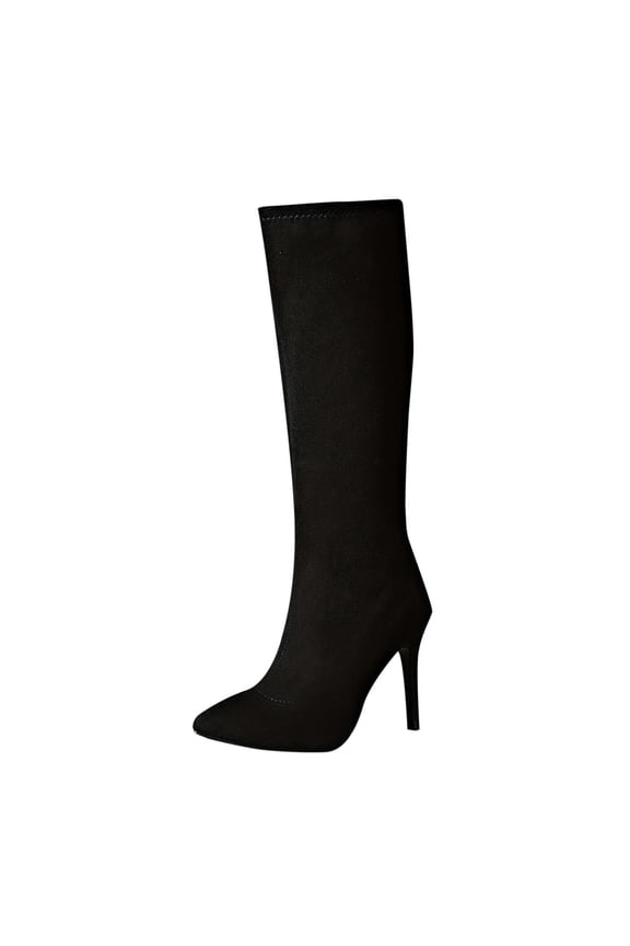 Black Womens Straight Boots With Pointed Toe And Rear Zipper For Winter Fashion And Comfort