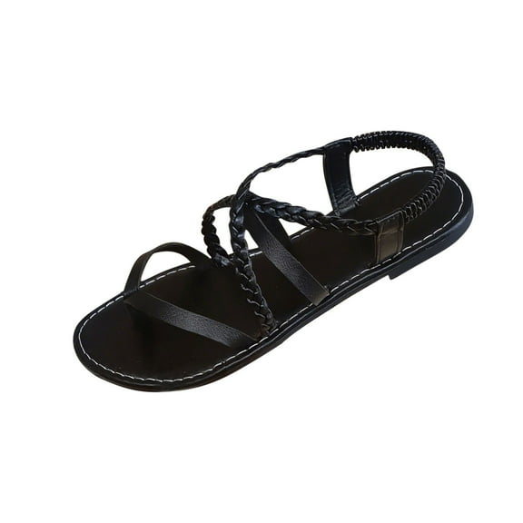 Black Womens Summer Braided Strap Sandals Open Toe Elastic Band Flat Platform Sole Beach Casual Slide Comfort Pu Upper