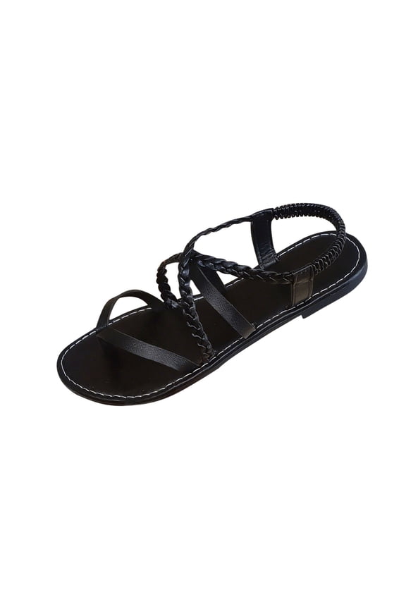 Black Womens Summer Braided Strap Sandals Open Toe Elastic Band Flat Platform Sole Beach Casual Slide Comfort Pu Upper