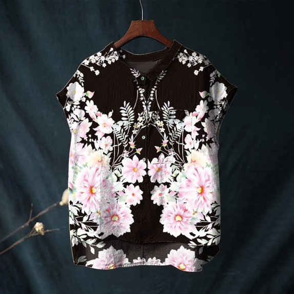 Black Womens Summer Tops Cute Tops for Women Collar Non Sleeve Linen Shirts Plus Size Floral Blouses Casual Summer Clothes Going Out Tops for Women