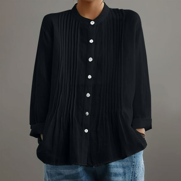Black Womens Summer Tops Women’s Pleated Shirt with Retro Front Pleats – Soft Linen Like Fabric Easy Regular Fit Elegant Design Going Out Tops for Women