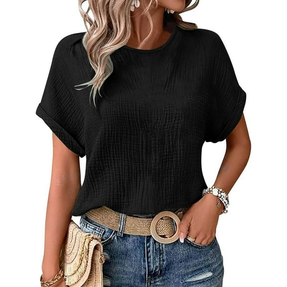 Black Womens Summer Tops Women's Summer Solid Color Casual Loose Double Wrinkle Solid Color Round Neck Short Sleeved T Shirt Going Out Tops for Women