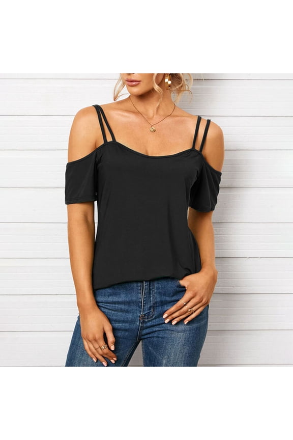 Black Womens Summer Tops Womens Summer Cold Shoulder Tops Back Short Sleeve V Neck T Shirts Sexy Casual Going Out Tops for Women