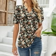 thumbnail image 1 of Black Womens Summer Tops Womens V Neck Tops Puff Short Sleeve T Shirt Pleated Floral Printed Tunic Blouse Shirts Shirts for Women, 1 of 6