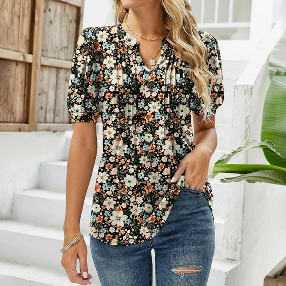 Black Womens Summer Tops Womens V Neck Tops Puff Short Sleeve T Shirt Pleated Floral Printed Tunic Blouse Shirts Shirts for Women