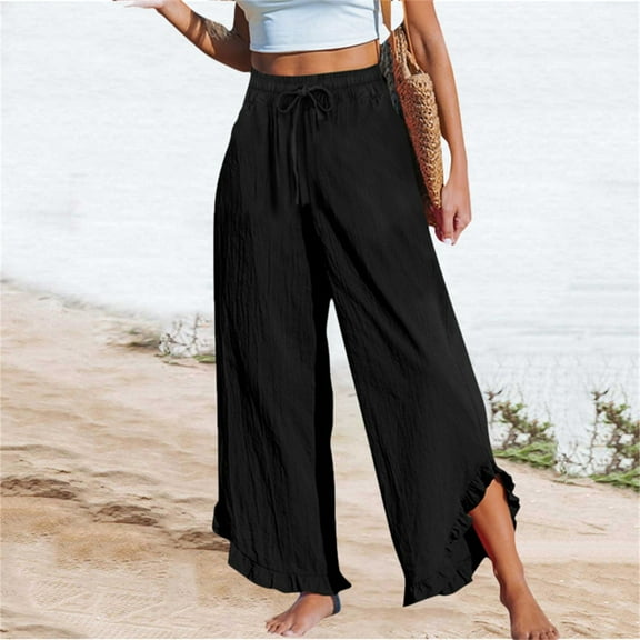 Black Womens Sweatpants Linen Pants Women 2025 Women's Linen Summer Solid Color Palazzo Pants Flowy Wide Leg Beach Pants with Pockets Casual Pants Women