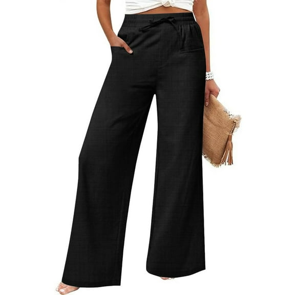 Black Womens Sweatpants Women's Casual Cotton and Linen Wide Leg Pants with Pockets Boho Palazzo High Waisted Trousers Sweatpants Womens Fashion