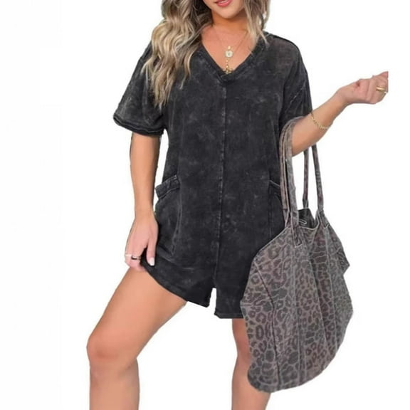 Black Womens Sweatpants Women's Casual Washed Tee Romper with Pockets Casual Short Sleeve Oversized Athletic Workout Outfits Casual Pants Women