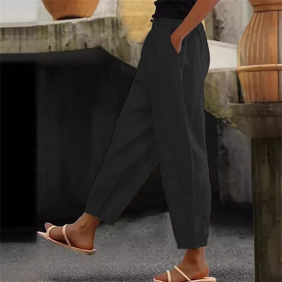 Black Womens Sweatpants Women's Cotton and Linen Elastic Waistband High Waistband Pocket Pants Side Buttons Nine Point Pants Loose Casual Pants Straight Leg Pants Casual Pants Women