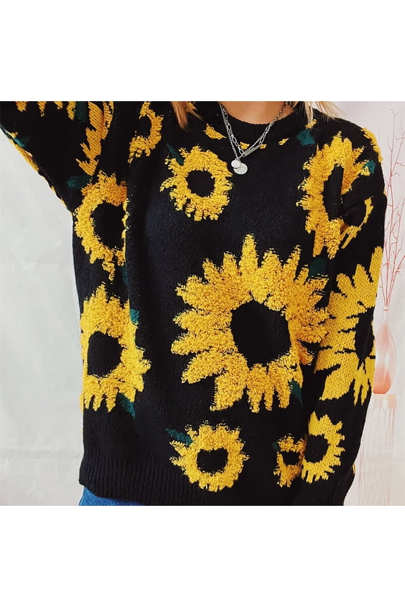 Black Womens Sweatshirt Women's Autumn/Winter New Top Sunflower Jacquard Round Neck Long Sleeve Knitted Pullover Sweater Fall Clothes for Women